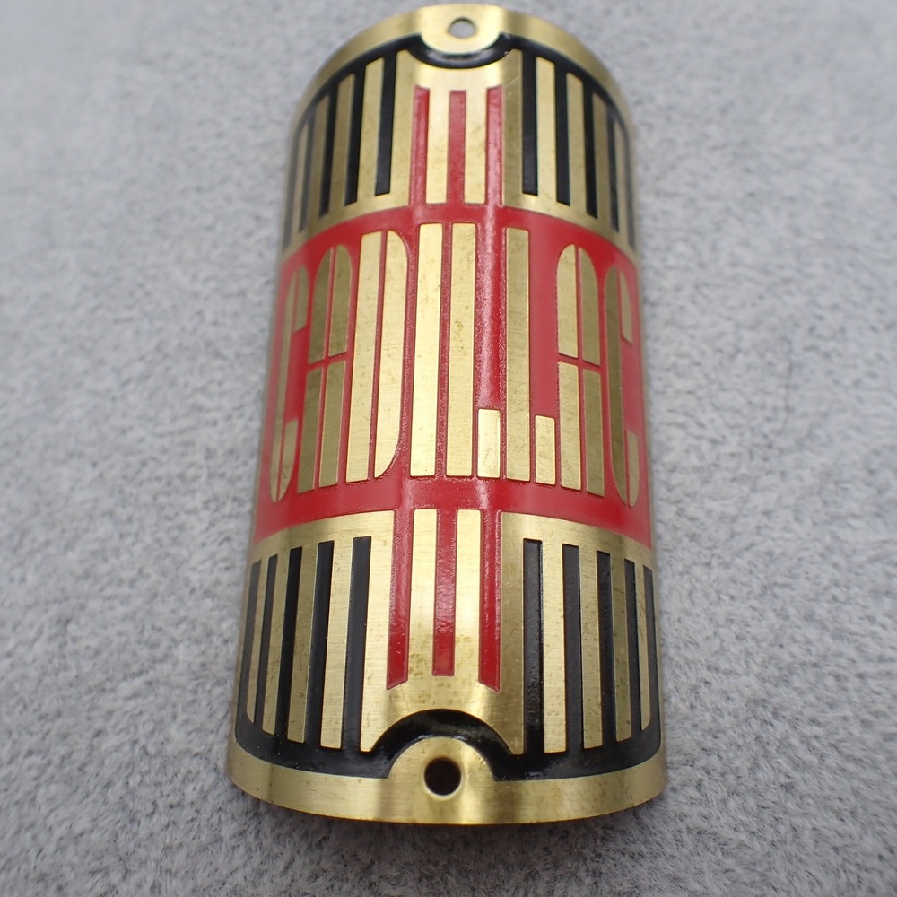 READ VTG Cadillac Bicycle Head Badge Brass Red Black Art Deco Bike Emblem 0082
